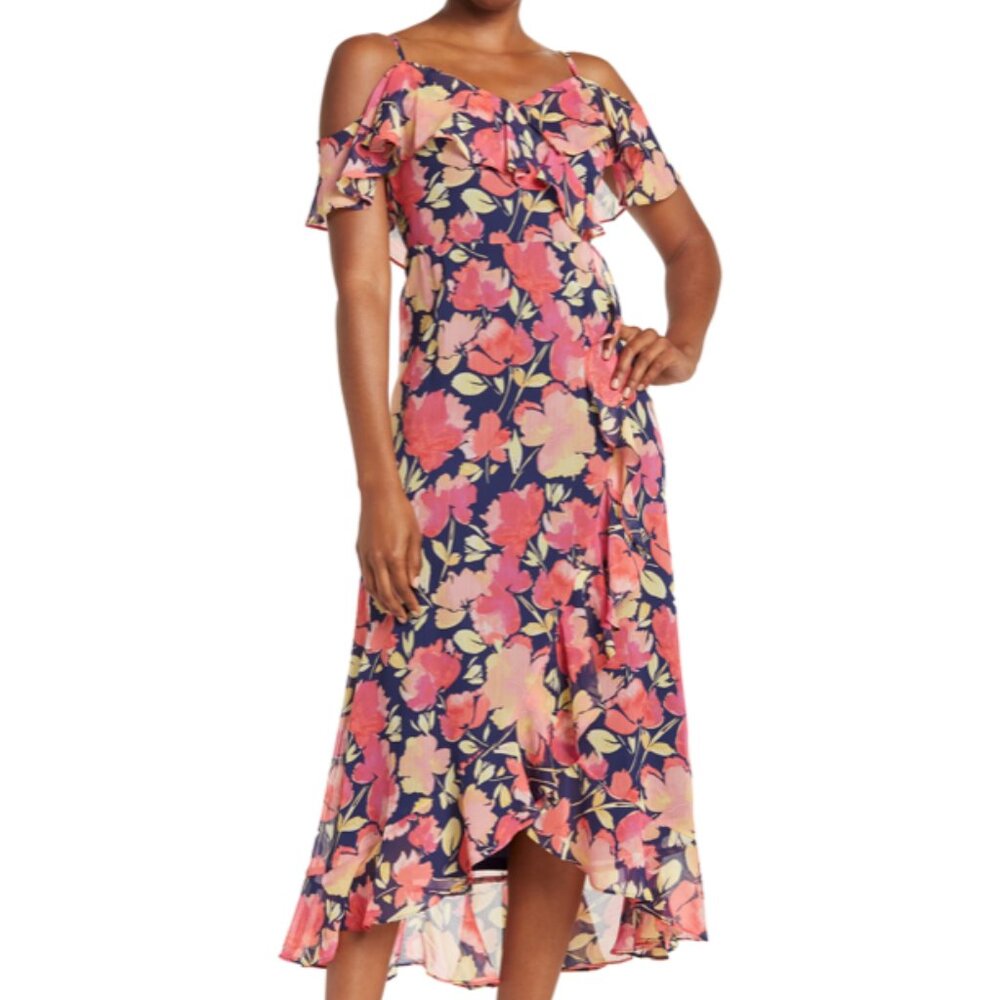 LONDON TIMES Cold Shoulder Watercolor Bloom Maxi Dress